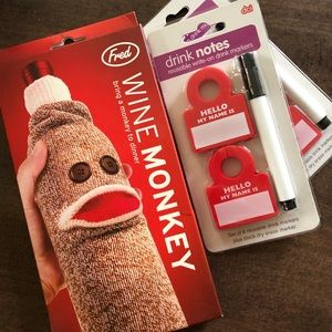 Wine bottle sock monkey and nametag drink markers
